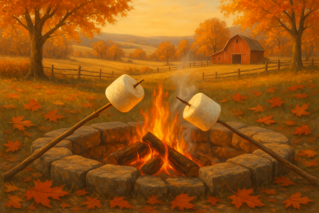 marshmallows roasting over an open fire on a farm in the fall